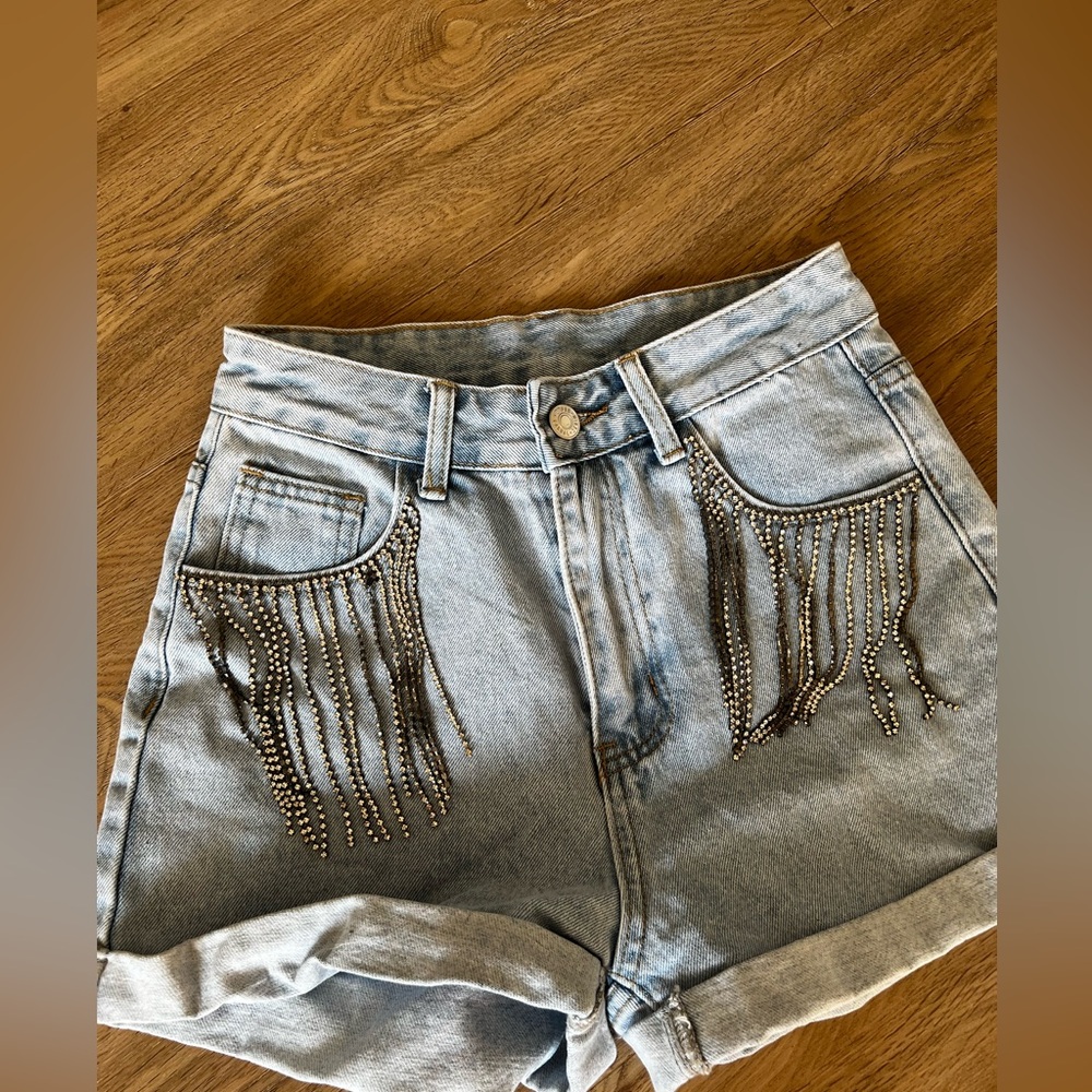 SHEIN Blue Jean Shorts with Chain Fringe